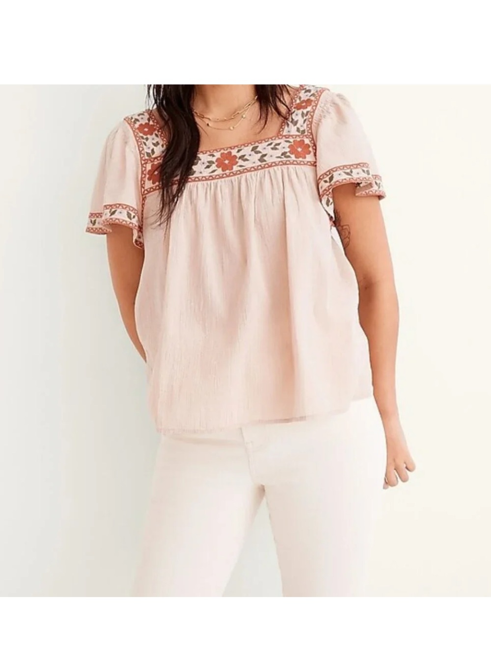 Madewell Avalon Pink Square-Neck Embroidered Peasant Top size S